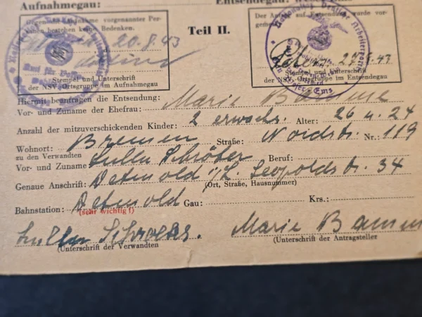 1943-ww2-german-third-reich-nsv-bremen-evacuation-transport-registration-card-02-eb105a09 1943 WW2 German Third Reich NSV Bremen Evacuation Transport Registration Card