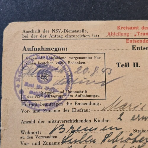 1943-ww2-german-third-reich-nsv-bremen-evacuation-transport-registration-card-03-91299e67 1943 WW2 German Third Reich NSV Bremen Evacuation Transport Registration Card