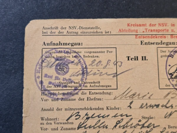 1943-ww2-german-third-reich-nsv-bremen-evacuation-transport-registration-card-03-91299e67 1943 WW2 German Third Reich NSV Bremen Evacuation Transport Registration Card