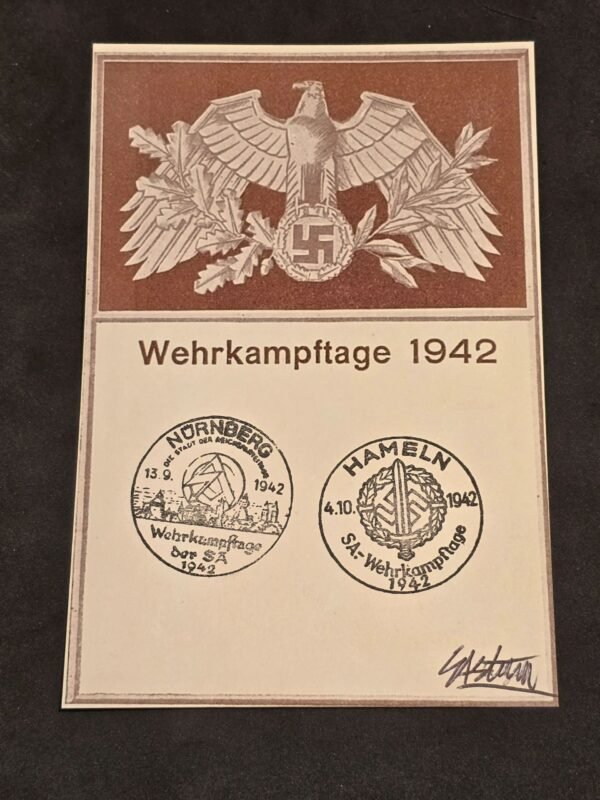 20241111_123454.jpg SA Stormtroopers Swastika Eagle Postcard W SA Special Cancels WW2 Nazi German Third Reich Postal