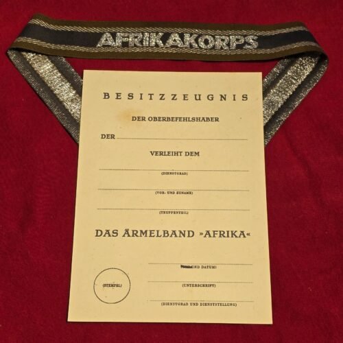 Afrika Korps DAK Cuff Title w Award Document WW2 German Military