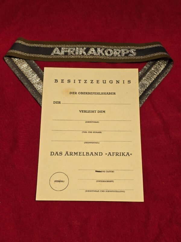 Afrika Korps DAK Cuff Title w Award Document WW2 German Military