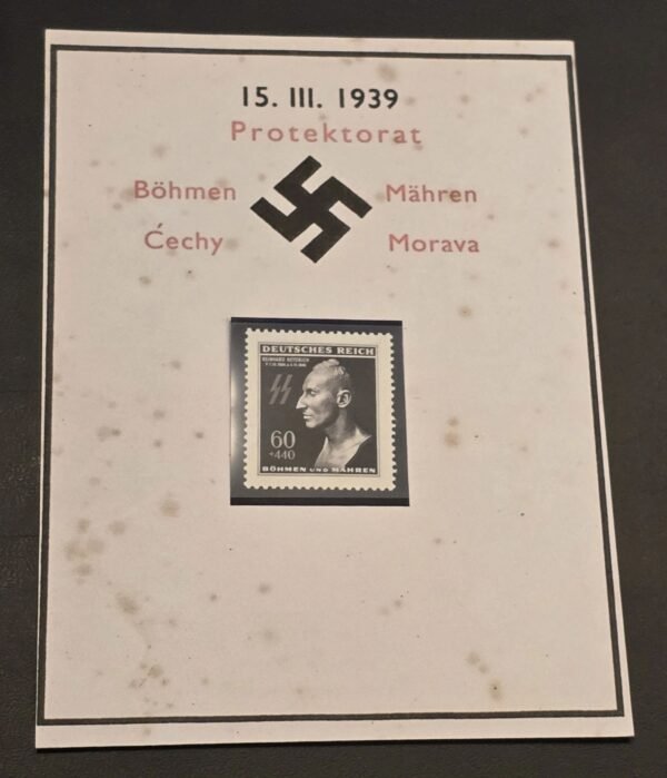 20250211_163342.jpg WW2 Nazi German Bohmen Mahren Czech SS Reinhard Heydrich Death Mask Stamp w Card