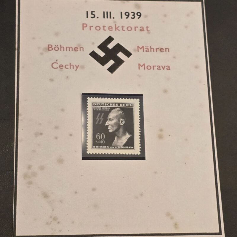 20250211_163342.jpg WW2 Nazi German Bohmen Mahren Czech SS Reinhard Heydrich Death Mask Stamp w Card