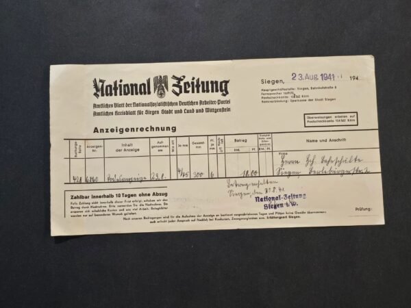 20260419_144024.jpg WW2 German Third Reich National Zeitung Newspaper Invoice Document 1941