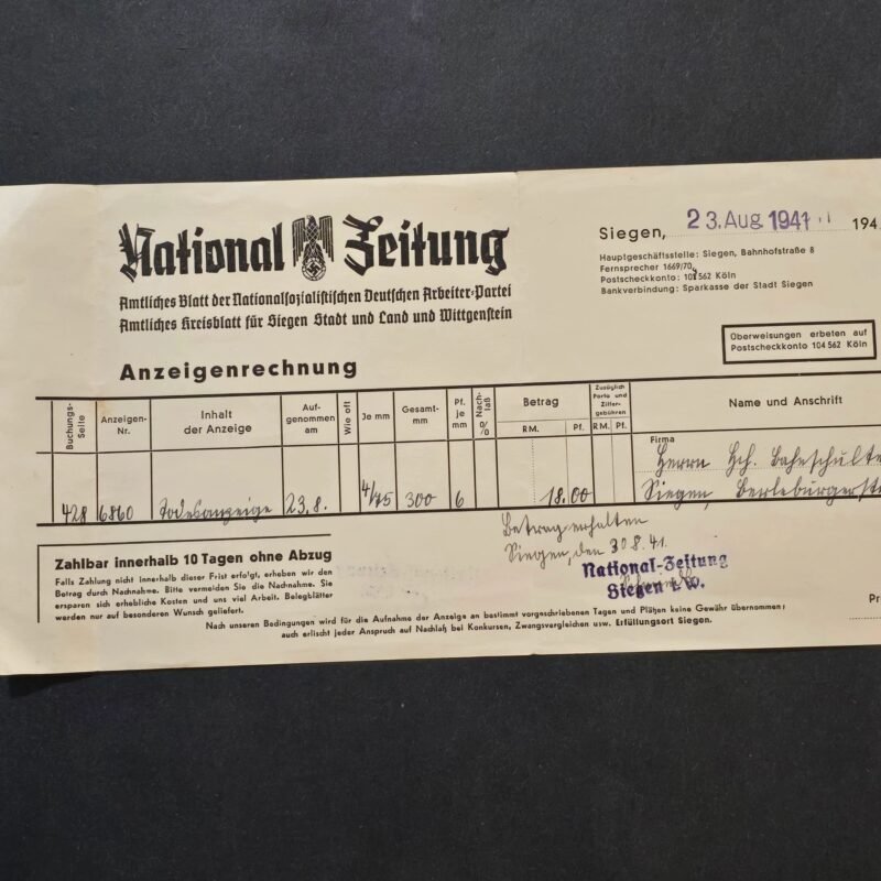20260419_144024.jpg WW2 German Third Reich National Zeitung Newspaper Invoice Document 1941