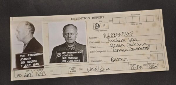 20260428_151643.jpg Vintage Joachim von Ribbentrop Detention Report Nuremberg Mugshot Photo Sheet WWII German Document