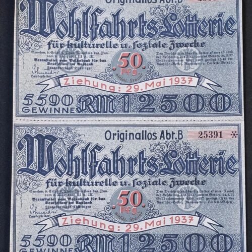 20260502_130230.jpg 1937 German Third Reich Lotterie Lottery Tickets Pair Cultural & Social Relief COPIES