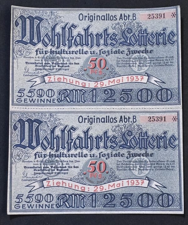 20260502_130230.jpg 1937 German Third Reich Lotterie Lottery Tickets Pair Cultural & Social Relief COPIES