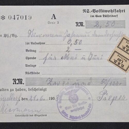 20260502_140012.jpg WW2 German Third Reich 1938 NS-Volkswohlfahrt Donation Receipt – Gau Düsseldorf Welfare Contribution Document