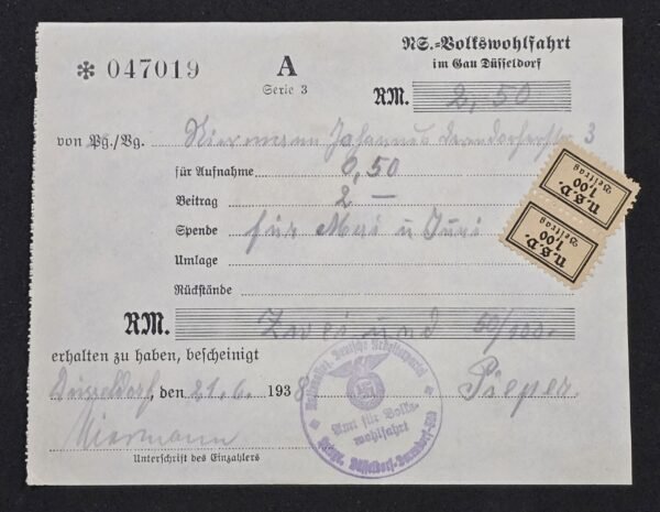 20260502_140012.jpg WW2 German Third Reich 1938 NS-Volkswohlfahrt Donation Receipt – Gau Düsseldorf Welfare Contribution Document