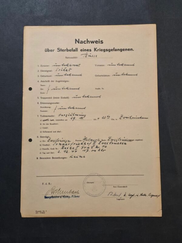 20260504_175949.jpg WWII German POW Death Certificate Russian Soldier Zweibrücken 1944 Document