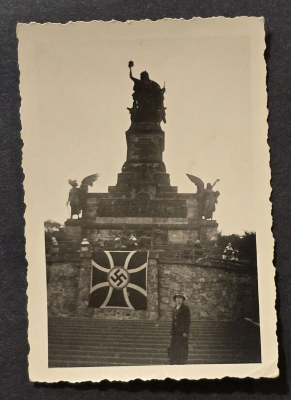 20260506_161928.jpg WW2 German 1936 Third Reich Photo Niederwald Monument w RKB Iron Cross Swastika Flag Banner