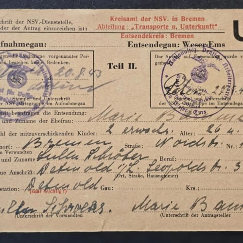 20260506_163554.jpg 1943 WW2 German Third Reich NSV Bremen Evacuation Transport Registration Card
