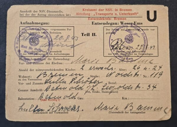 20260506_163554.jpg 1943 WW2 German Third Reich NSV Bremen Evacuation Transport Registration Card