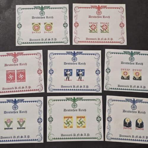 20260510_140548 Set of 8 Third Reich Denmark Nazi Party DNSAP WWII Souvenir Stamp Sheets Swastika Julen Christmas 1940 1941 1942