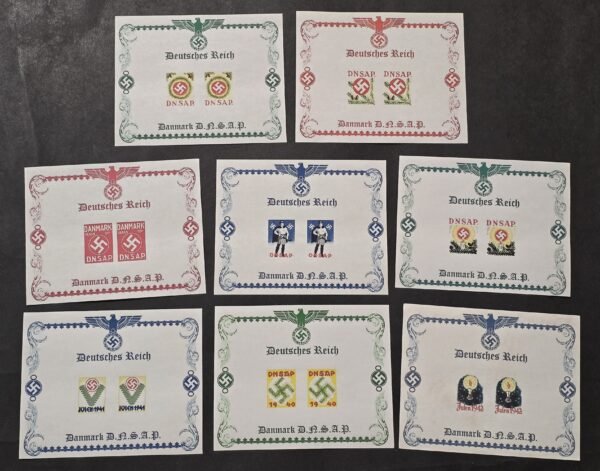 20260510_140548 Set of 8 Third Reich Denmark Nazi Party DNSAP WWII Souvenir Stamp Sheets Swastika Julen Christmas 1940 1941 1942