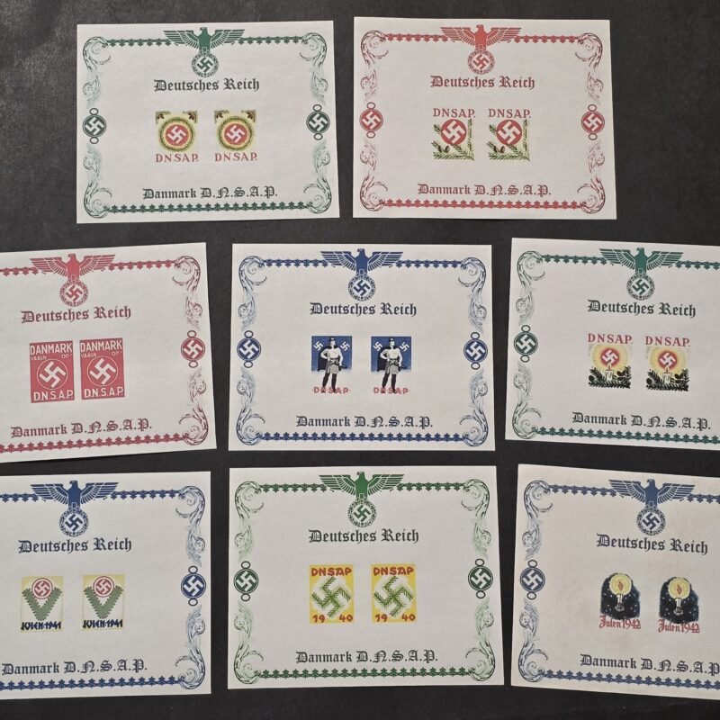 Set of 8 Third Reich Denmark Nazi Party DNSAP WWII Souvenir Stamp Sheets Swastika Julen Christmas 1940 1941 1942