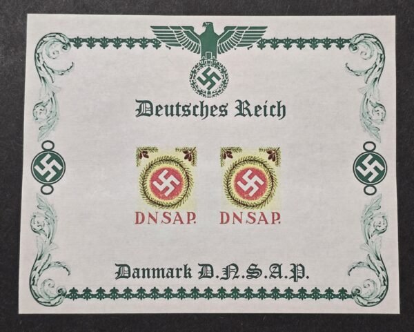 20260510_140554 WW2 Third Reich Denmark Nazi Party DNSAP Souvenir Stamp Sheet Swastika Wreath WWII MNH