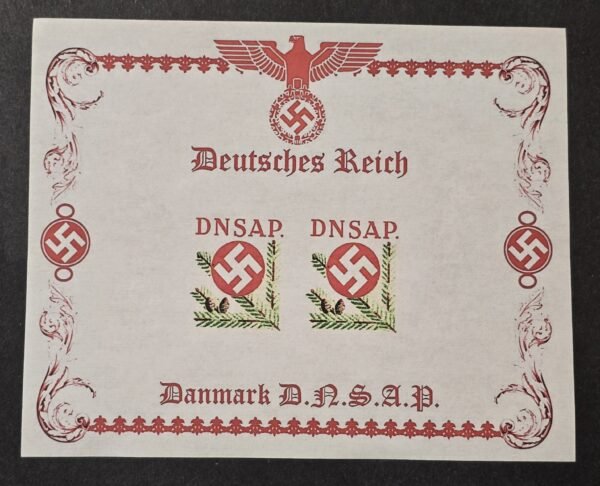 20260510_140559 WW2 Third Reich Denmark Nazi Party DNSAP Souvenir Stamp Sheet Swastika Pine Leaves WWII MNH