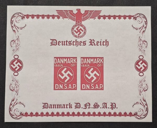 20260510_140602 WW2 Third Reich Denmark Nazi Party DNSAP Souvenir Stamp Sheet Swastika Vaagn Op WWII MNH