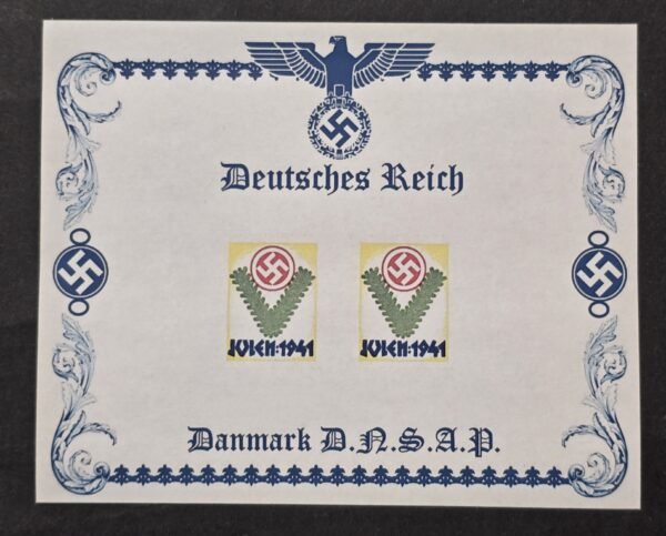 20260510_140615 WW2 Third Reich Denmark Nazi Party DNSAP Souvenir Stamp Sheet Swastika JULEN Christmas 1941 WWII MNH