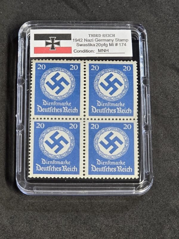20260607_140251.jpg SWASTIKA OFFICIALS Stamps Block x 4 w Hard Slab Case WW2 Nazi German Third Reich NSDAP Government Use Postage 20pf