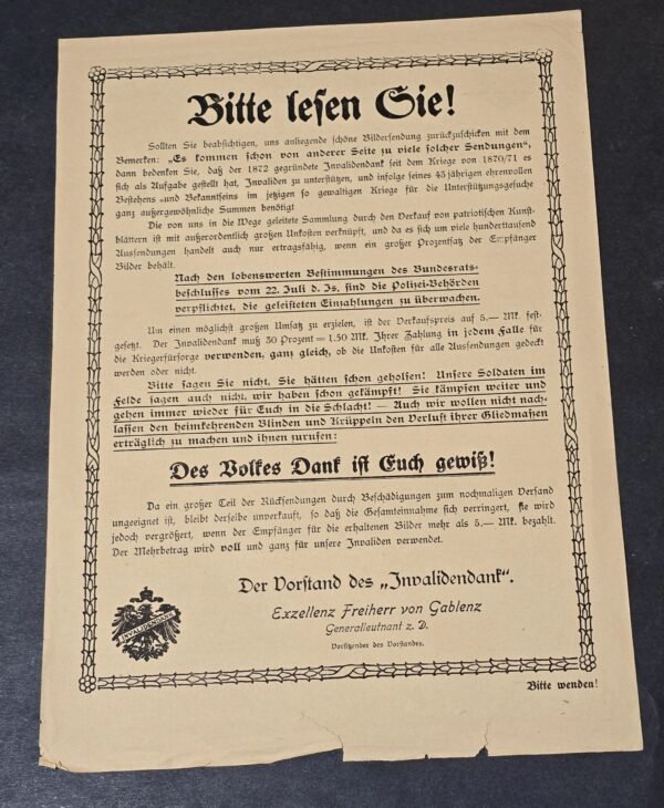 RARE WWI German Invalidendank Charity Appeal Document Berlin 1915 War Veterans