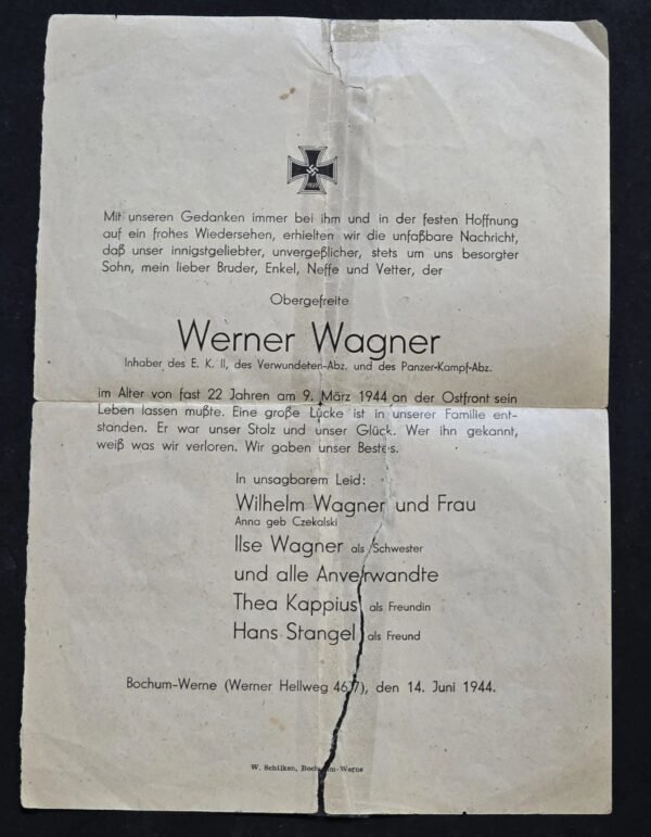 20260612_153515.jpg WWII German Fallen Soldier KIA Eastern Front Death Notice Werner Wagner EK2 Panzer Badge 1944