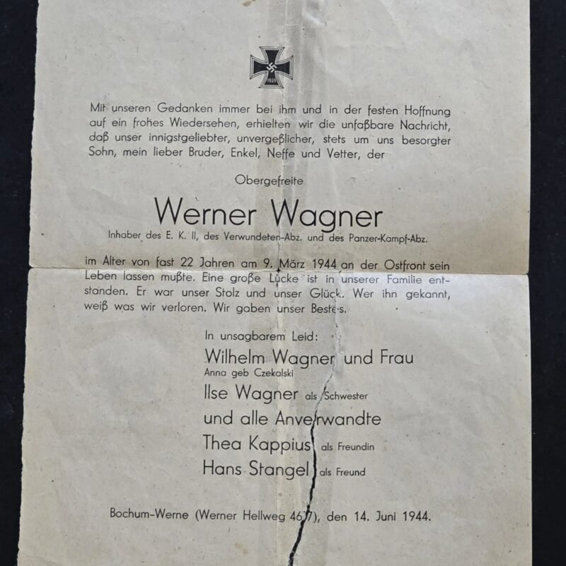 20260612_153515.jpg WWII German Fallen Soldier KIA Eastern Front Death Notice Werner Wagner EK2 Panzer Badge 1944