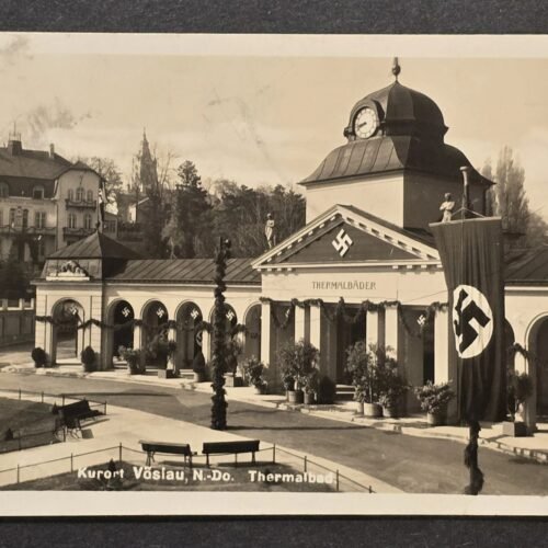 20260614_121550.jpg Rare NSDAP Third Reich WW2 German 1940 Kurort Vöslau Thermal Bath Postcard RPPC Swastika Flag