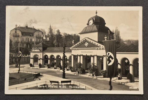 20260614_121550.jpg Rare NSDAP Third Reich WW2 German 1940 Kurort Vöslau Thermal Bath Postcard RPPC Swastika Flag