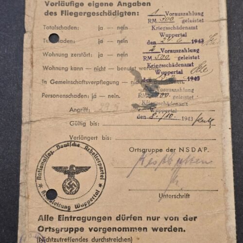 20260616_154023.jpg Rare WW2 German 1943-44 Third Reich NSDAP Wuppertal Fliegergeschädigte Air Raid Victim ID Card