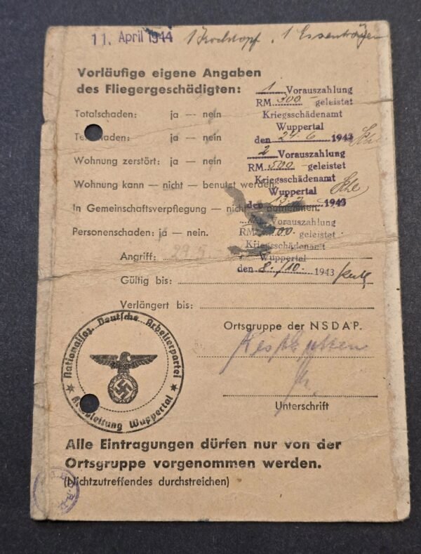20260616_154023.jpg Rare WW2 German 1943-44 Third Reich NSDAP Wuppertal Fliegergeschädigte Air Raid Victim ID Card