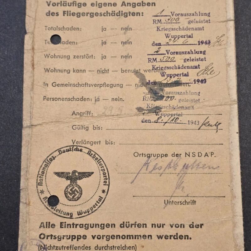 20260616_154023.jpg Rare WW2 German 1943-44 Third Reich NSDAP Wuppertal Fliegergeschädigte Air Raid Victim ID Card