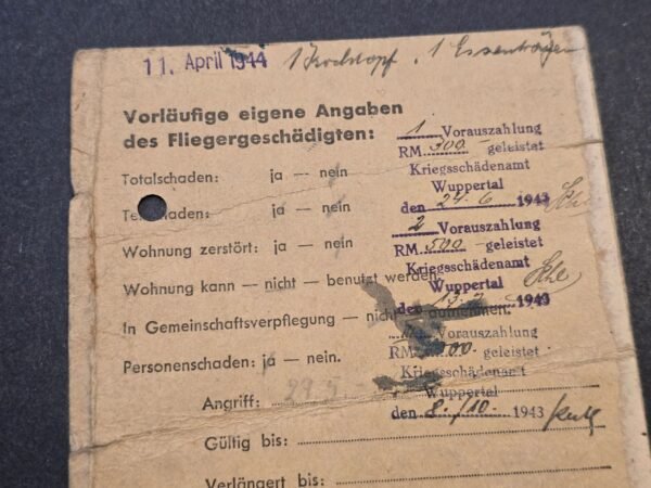 20260616_154027.jpg Rare WW2 German 1943-44 Third Reich NSDAP Wuppertal Fliegergeschädigte Air Raid Victim ID Card