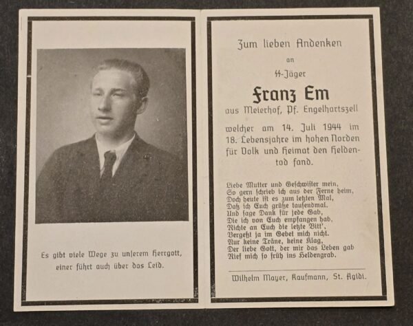 20260616_154151.jpg Very Rare WW2 German 1944 SS-Jäger Franz Em 18 Y/O Soldier SS Death Card Northern Front
