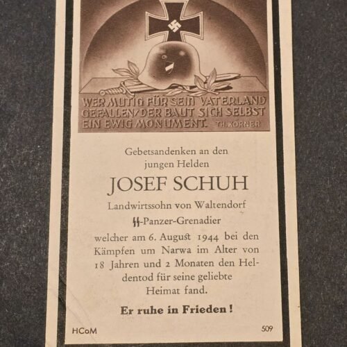 20260616_154231.jpg Very Rare WW2 German 1944 SS Panzer Grenadier Josef Schuh 18 Year Old Narwa Death Card