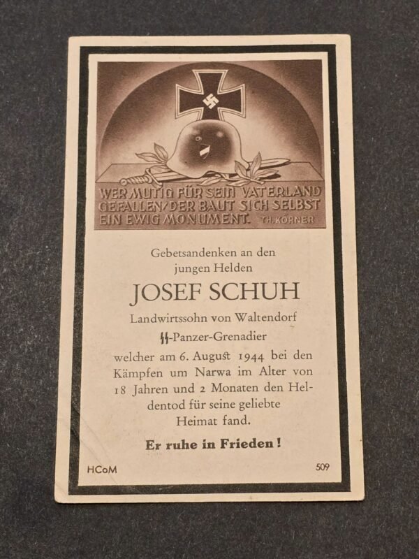 20260616_154231.jpg Very Rare WW2 German 1944 SS Panzer Grenadier Josef Schuh 18 Year Old Narwa Death Card