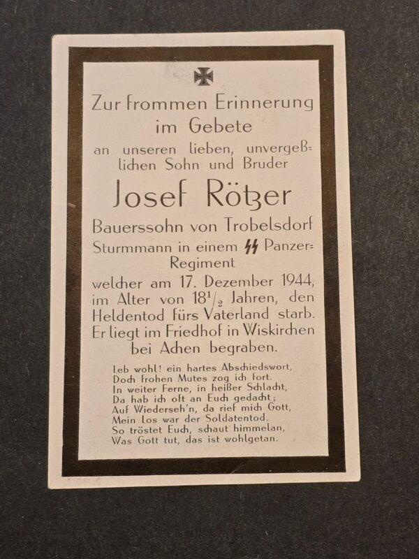 20260616_155115.jpg Rare WW2 German 1944 SS Panzer Regiment Josef Rötzer 18 Year Old Aachen Death Card