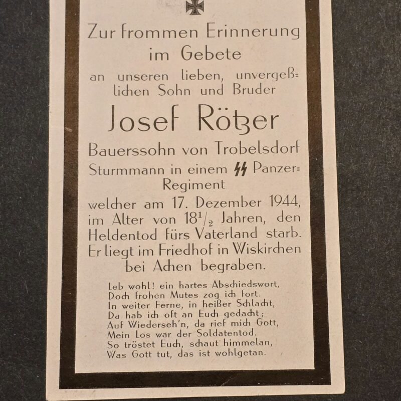 20260616_155115.jpg Rare WW2 German 1944 SS Panzer Regiment Josef Rötzer 18 Year Old Aachen Death Card
