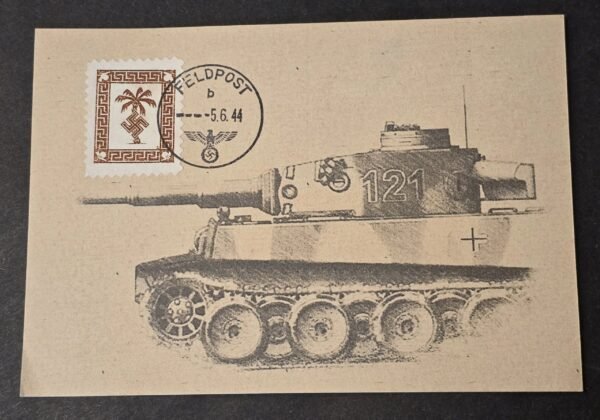 20260617_162932.jpg AFRIKA KORPS PANZER TANK Postcard Palm Tree w Swastika Stamp WW2 Nazi German