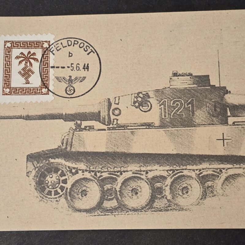 20260617_162932.jpg AFRIKA KORPS PANZER TANK Postcard Palm Tree w Swastika Stamp WW2 Nazi German