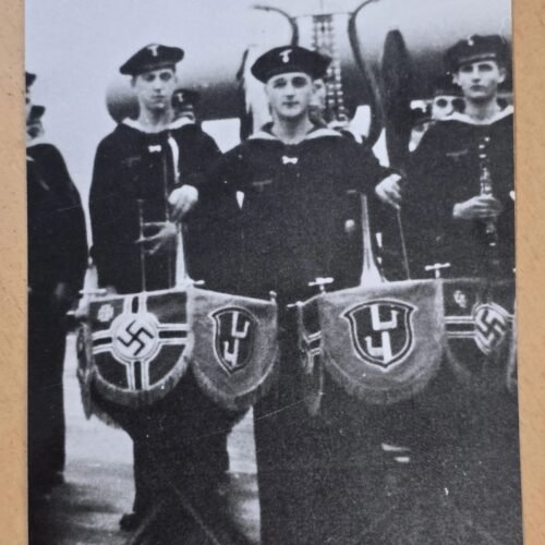 20260617_162959.jpg WWII German Kriegsmarine Sailors Group Photo w Naval Standards Swastika Flags Postwar Reprint