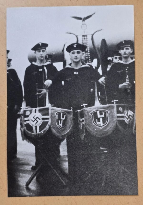 20260617_162959.jpg WWII German Kriegsmarine Sailors Group Photo w Naval Standards Swastika Flags Postwar Reprint