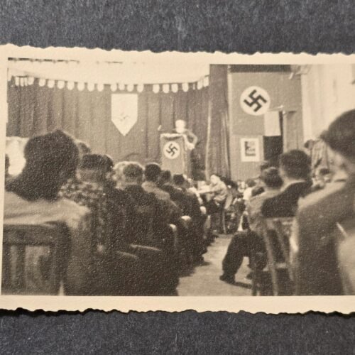 20260621_122434.jpg Adolf Hitler?? Early NSDAP Third Reich Speech w Swastika and Veterans Logos WW2 German Photo