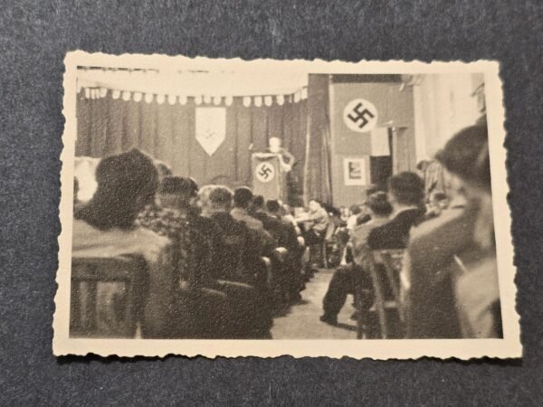 20260621_122434.jpg Adolf Hitler?? Early NSDAP Third Reich Speech w Swastika and Veterans Logos WW2 German Photo