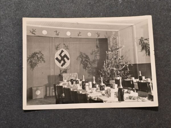 20260621_122636.jpg Officers Christmas w Swastika Flag Champagne Gifts WW2 German Third Reich Era Photo
