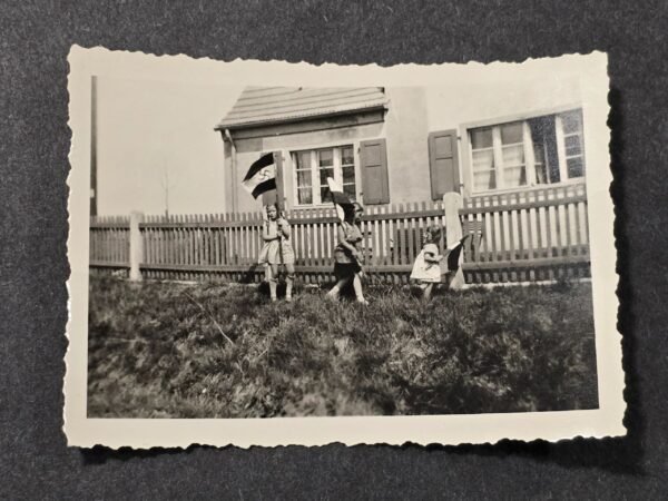 20260621_155650.jpg Young Hitler Youth BDM Girls w Early NSDAP Swastika Flag "In the new house" WW2 German Third Reich Era Photo