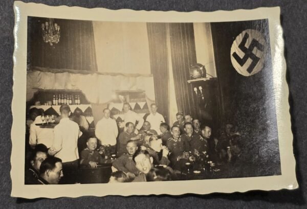 20260621_155735.jpg Wehrmacht Officers mess hall w Large Swastika Flag Banner WW2 German Third Reich NSDAP Photo
